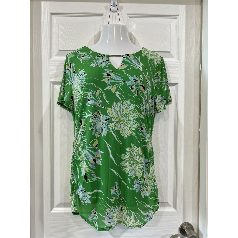 JM Collection Green Floral Mesh Shirred Seam Blouse Top Tunic Women's XL
